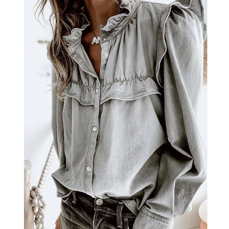 Ruffle Wave Denim Shirt
