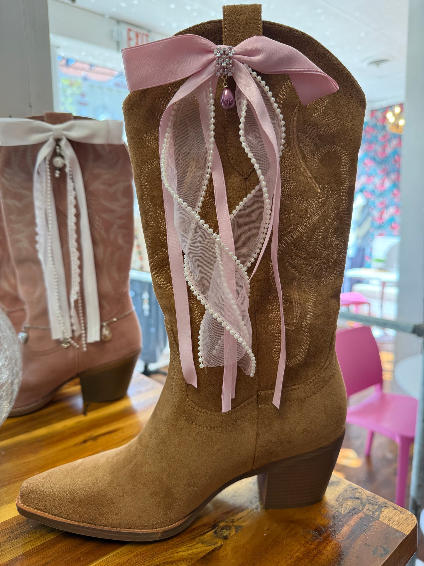 Boot Bows - Pink with Pearls
