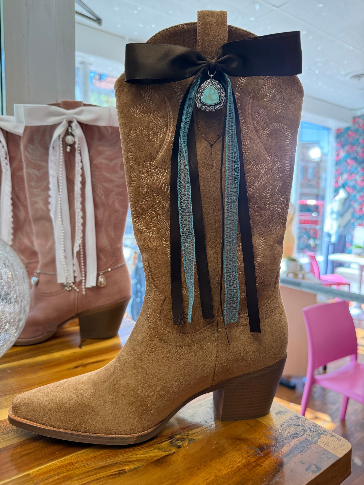 Boot Bows - Brown with teal accents