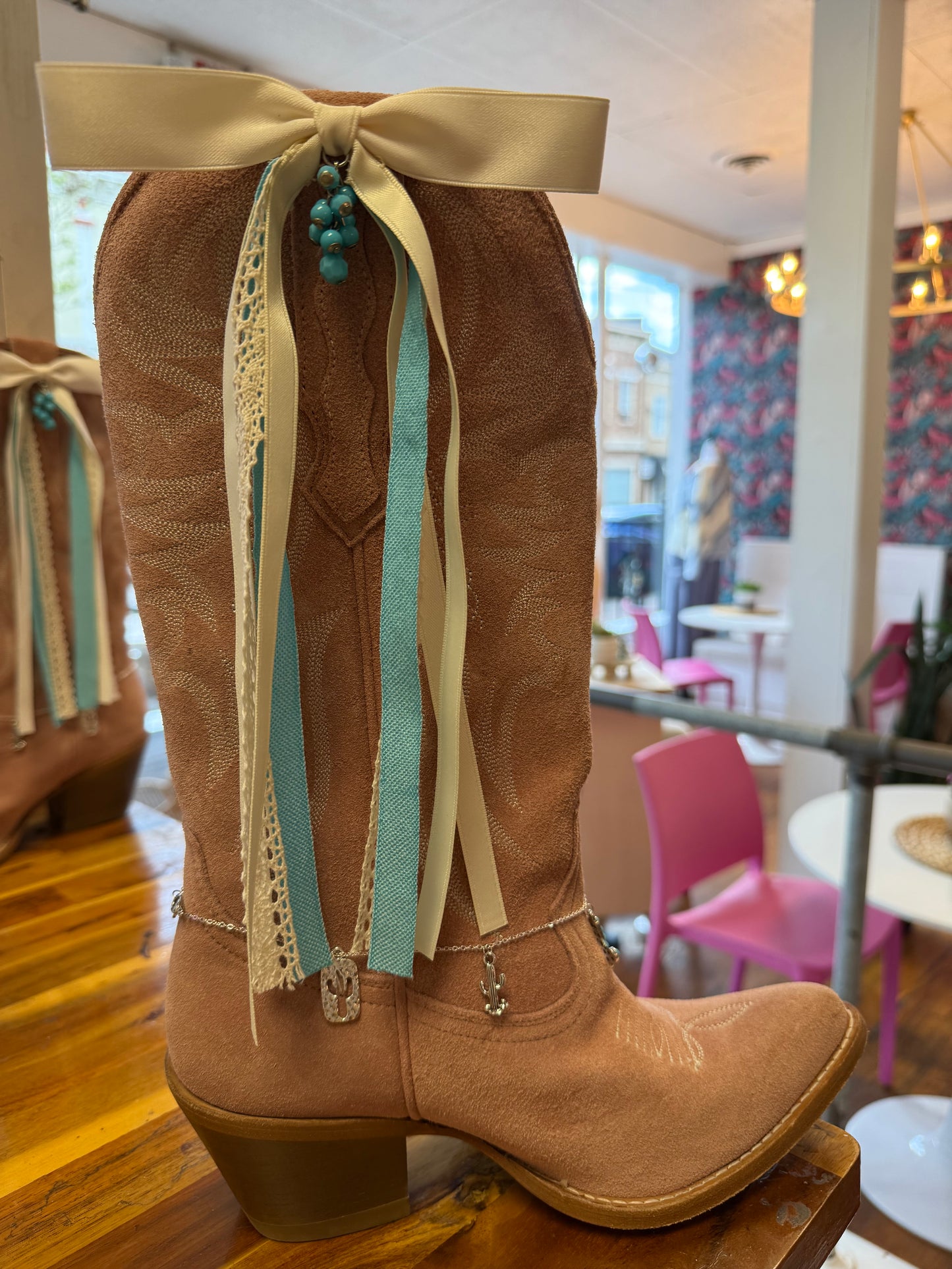 Boot Bows - Ivory and Teal with Lace