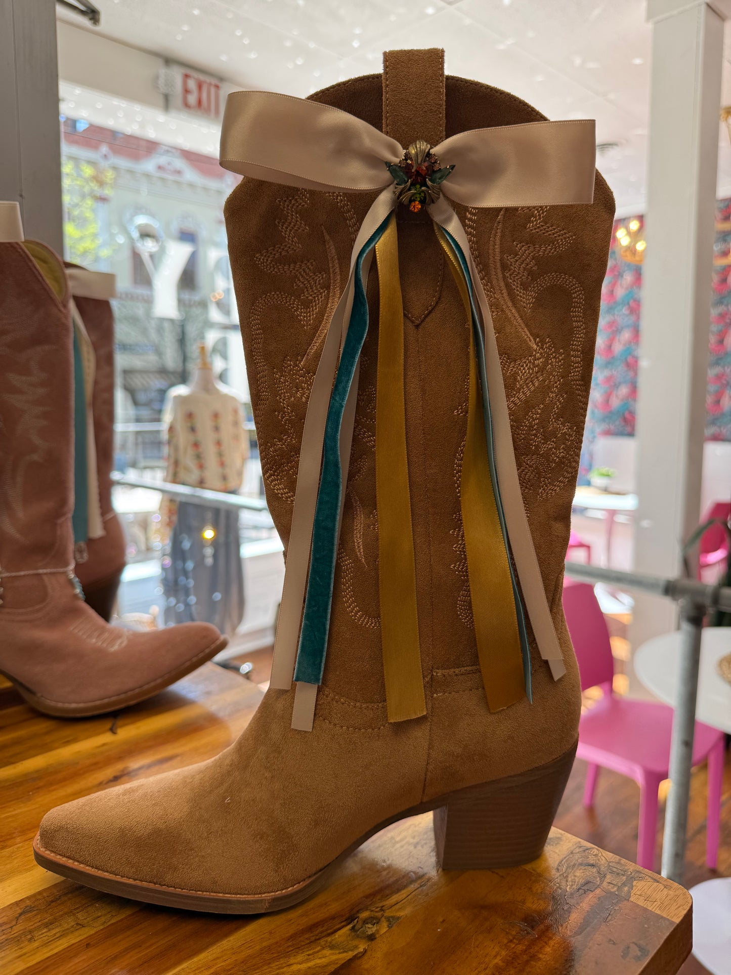 Boot Bows - Beige with Teal and Gold