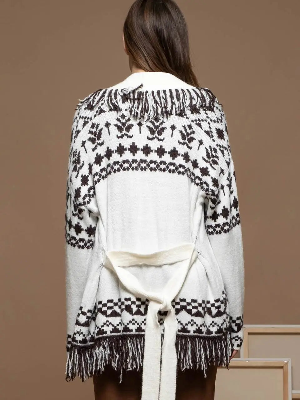 GEOMETRIC FRINGE CARDIGAN
