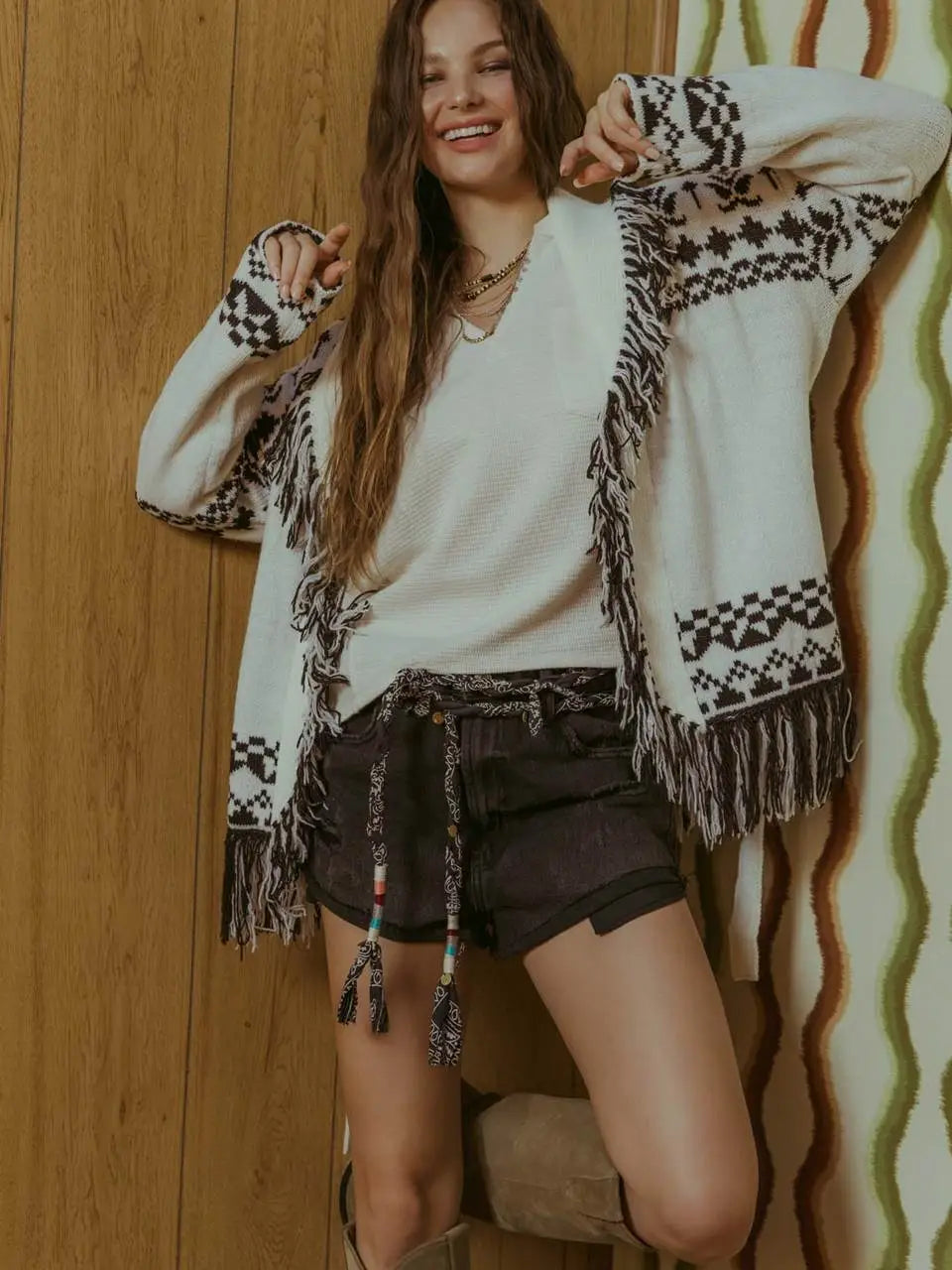 GEOMETRIC FRINGE CARDIGAN