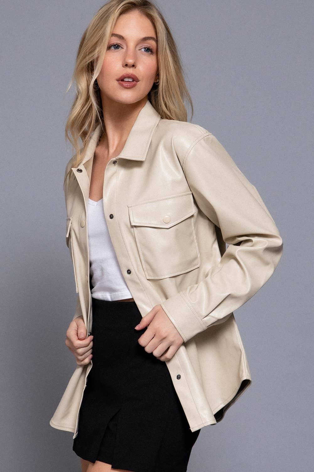 Ecru Faux Leather Shacket