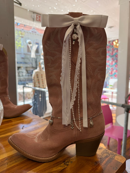 Boot Bows - White with Lace, Pearl and Crystal Accents
