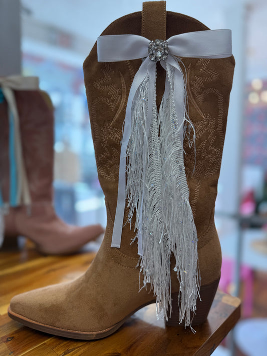 Boot Bows - White with Sparkles and Fringe