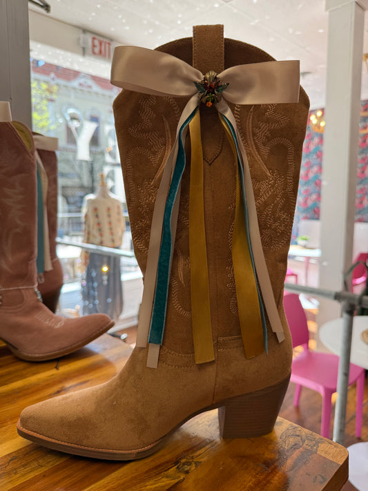 Boot Bows - Beige with Teal and Gold